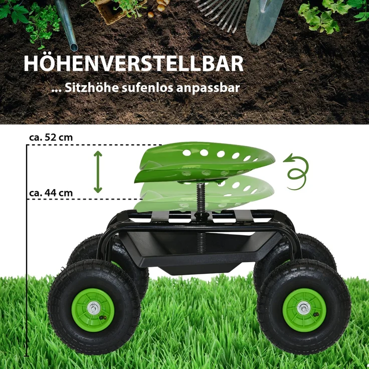Gartenscooter mit Ablage Stahl 150 kg Sitzhöhe 44-52 cm Sitz 360° drehbar Lufträder in Schwarz-grün – Bild 4