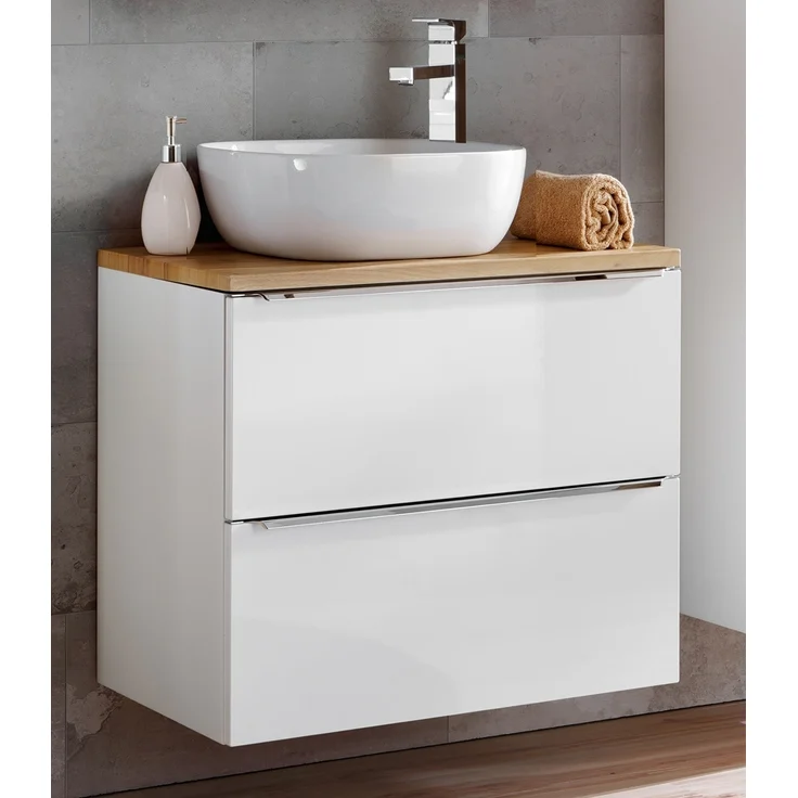 Waschtischunterschrank 61cm mit 2 Auszügen TOSKANA-56 in Hochglanz weiß mit Wotaneiche, B/H/T ca. 61/59,5/46 cm – Bild 8