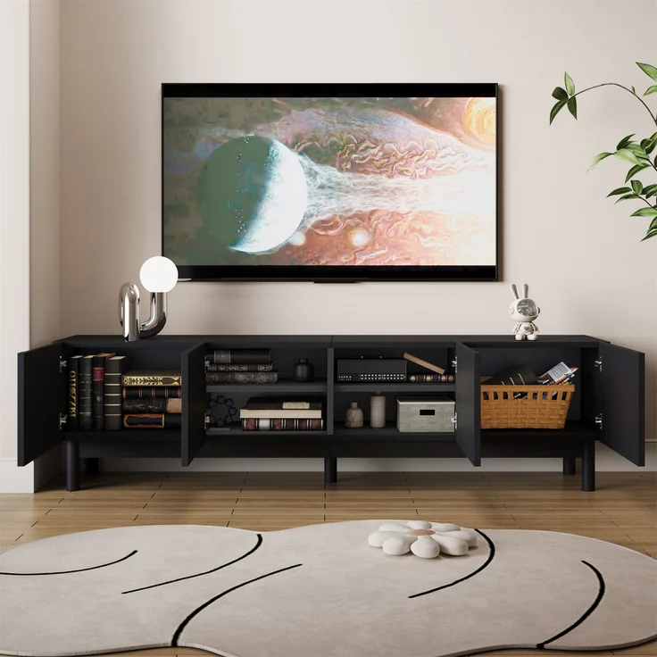 TV-Schrank Lowboard mit gewölbten Türen, schwarz, 169x35x45,5 cm – Bild 3