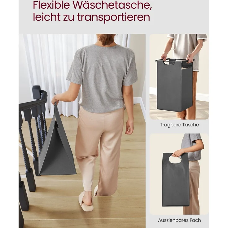 Vasagle Wäschekorb mit 2 Fächer, Metallrahmen Kamelbraun/Grau, 2x46 L / 73 x 33 x 72 cm – Bild 4