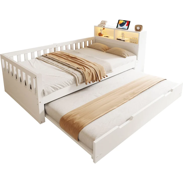 Merax Einzelbett, Multifunktionales Holzbett 90 × 200 cm, Mit Ausziehbarem Bett, Ablage und Staufach, Ausgestattet Mit Steckdose und LED-Beleuchtung, Sicherheitsgitter, Weiß – Bild 10