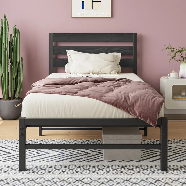 Einzelbett aus Metall mit MDF-Kopfteil, ohne Matratze, 90x200 cm, Schwarz – Bild 9