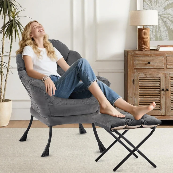 Sessel Lazy Chair Ottomane Ohrensessel Hocker Dunkelgrau – Bild 6
