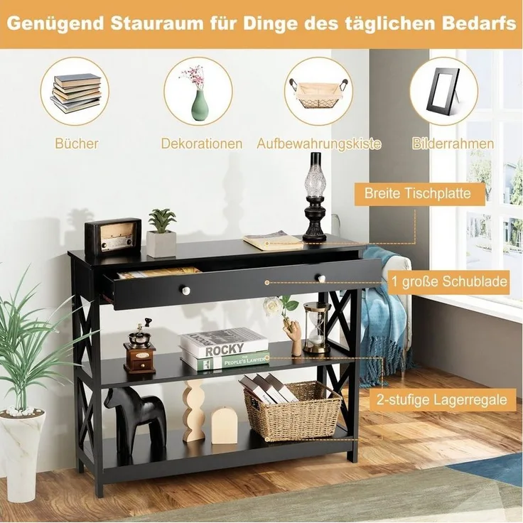 COSTWAY Konsolentisch, 3 Ebenen mit Schublade, Holz, 100 x 30 x 80 cm