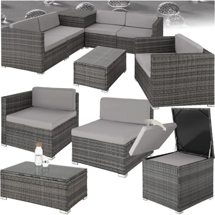 tectake Loungeset Rattan Sitzgruppe mit Sicherheitsglasplatte für 5 Personen, (Gartenlounge-set Pisa, 7-tlg, 7-tlg. in Grau), widerstandsfähig und UV-beständig, Dicke der Polster 8 cm – Bild 5