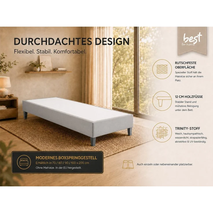 Best for Home Boxspringbett Boxspringbettgestell aus Massivholz in verschiedenen Größen (Bettgestell / Seniorenbett / Jugendbett / Kinderbett, Bettgestell ohne Matratze, optional mit Kopfteil), Massivholzrahmen, Trinity-Stoffbezug, wasserdicht, abriebfest – Bild 2