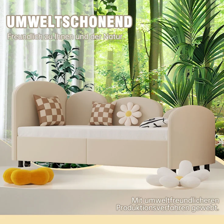 Kinderbett Blumenform, Kinderbett aus Samtstoff mit Sicherheitsrand, Massivholzrahmen, ausziehbare Schublade 90x200 cm,Beige – Bild 8