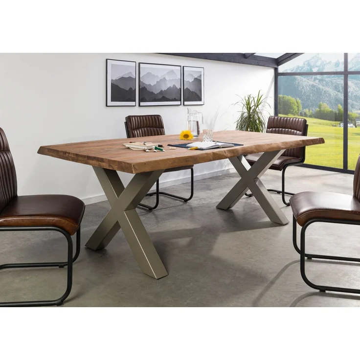 Baumtisch Sheesham 240x100x77 grau gebeizt / X-Beine silber mattFREEFORM 5 – Bild 8