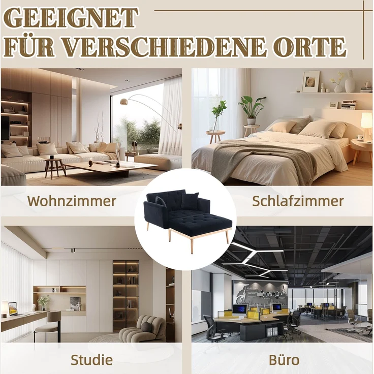 Relaxsessel mit verstellbarer Rückenlehne,3-stufig klappbarer Ruhesessel aus Plüschstoff mit 2 Kissen,Schwarz – Bild 6
