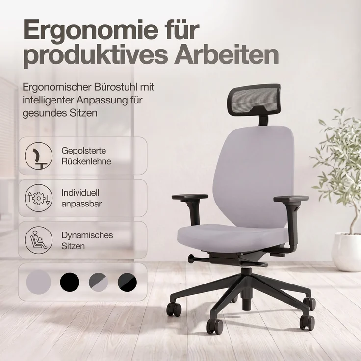 ASSMANN Ergonomischer Bürostuhl Atessa mit Polsterrücken und Kopfstütze Hellgrau 63x53x121cm Textil – Bild 2