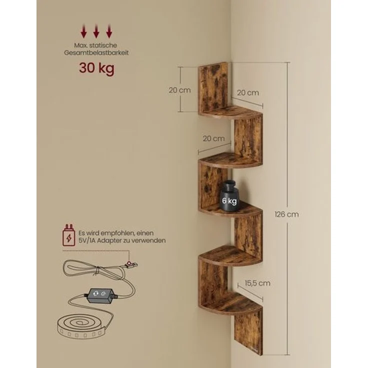 VASAGLE Eckregal mit LED-Beleuchtung, Wandregal 5 Ebenen, Schweberegal für Bücher, Bücherregal, Pflanzenregal für Schlafzimmer, Wohnzimmer, Badezimmer, Homeoffice, vintagebraun LBC630K01 – Bild 5