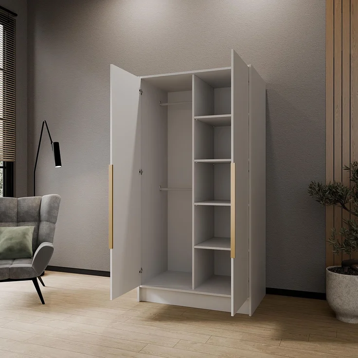MEBLINI Kleiderschrank PORTINA 100cm - Weiß Matt - mit goldfarbenen Griffen - Drehtürenschrank ohne Spiegel - Kleiderstangen und Regalböden – Bild 4