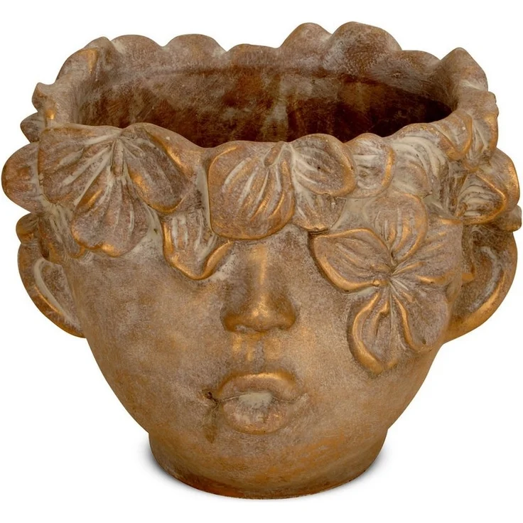 matches21 HOME & HOBBY Blumentopf Pflanzentopf - Kopf mit Blumen-Krone Gesicht Zement braun gold (1 St), Pflanzkopf als Zimmerpflanzen Pflanztopf oder Haustür Flur-Deko – Bild 3