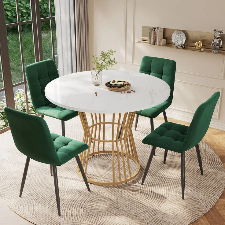 Esszimmer-Set 5-teilig Runder Tisch 100cm & 4 Grün Samtstühle Metallbeine moderner Küchentisch