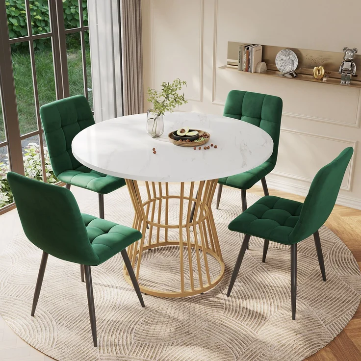 Esszimmer-Set 5-teilig Runder Tisch 100cm & 4 Grün Samtstühle Metallbeine moderner Küchentisch – Bild 1