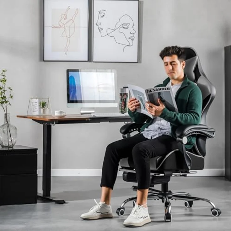 GTPLAYER Gaming Stuhl, Bürostuhl, Ergonomischer Pc Stuhl, Gaming Sessel mit Massagelendenwirbelstütze, Task Stühle mit Fußstütze und Kopfstütze, Grau Kunstleder – Bild 3