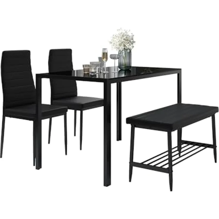 Vicco Esstisch-Set Grand, Schwarz, Rechteckiger Tisch 120x75x70 cm aus Glas und Metall mit Kunstlederbänken und Stühlen – Bild 7