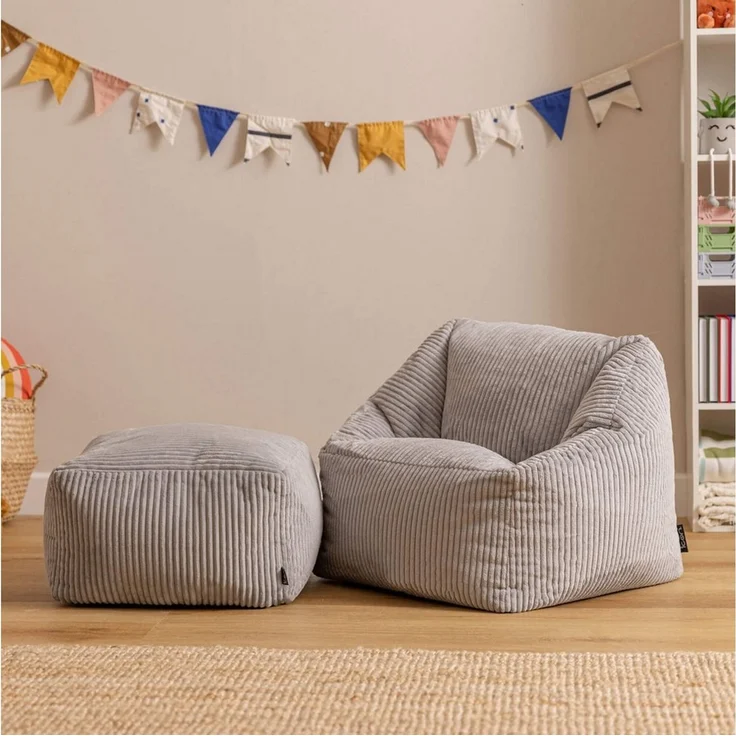 Icon Natalia Sitzsack Kinder mit Hocker, Grau, Flauschiger Cord Stoff, Sitzsack Cord mit Füllung, Bequemer Kinder Sessel, Kuschelsessel, Lese Sessel, Schlafzimmer, Kinderzimmer, Spielzimmer – Bild 3