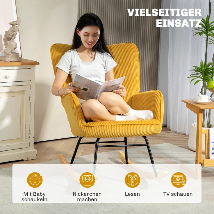 Schaukelsessel mit Tufting-Lehne Kord Bezug 120 kg Tragkraft Eleganter Relaxsessel,Gelb – Bild 4