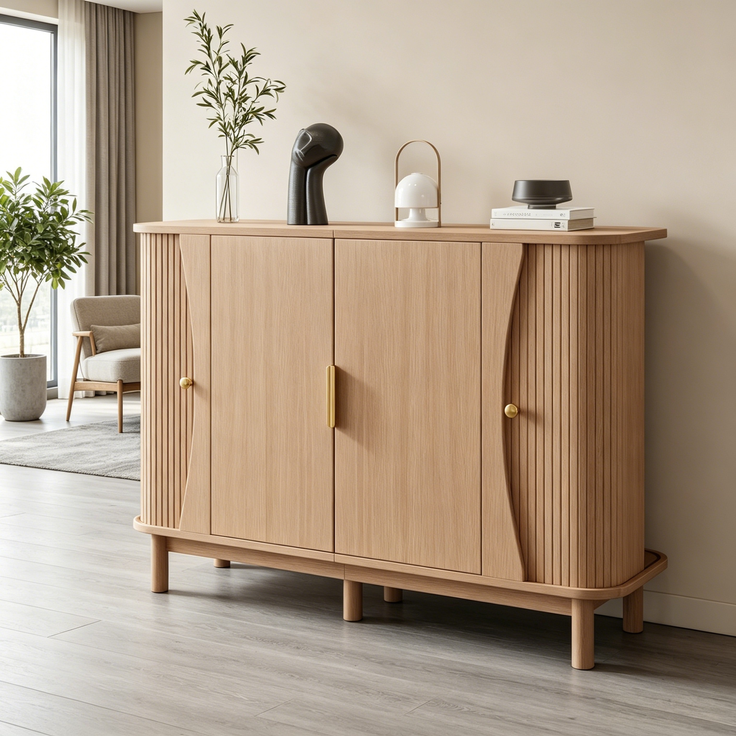 Merax Sideboard 140x40x88cm aus MDF, Kommode mit geschwungenen Kanten, 2 Schiebetüren, Stauraumschrank, Naturholz – Bild 2