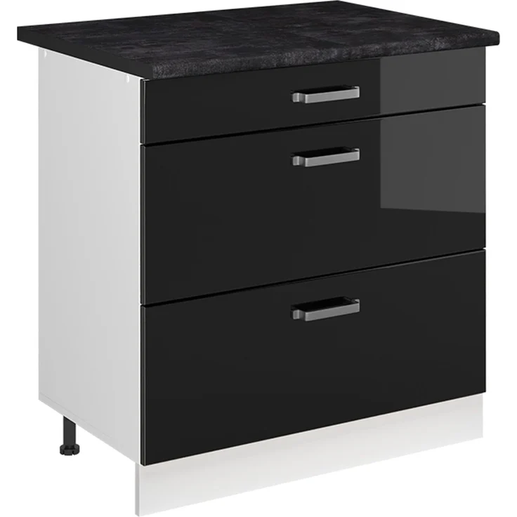 Küchenunterschrank R-Line Schwarz Hochglanz/Weiß 80 cm mit 3 Schubladen Arbeitsplatte Anthrazit Vicco – Bild 1