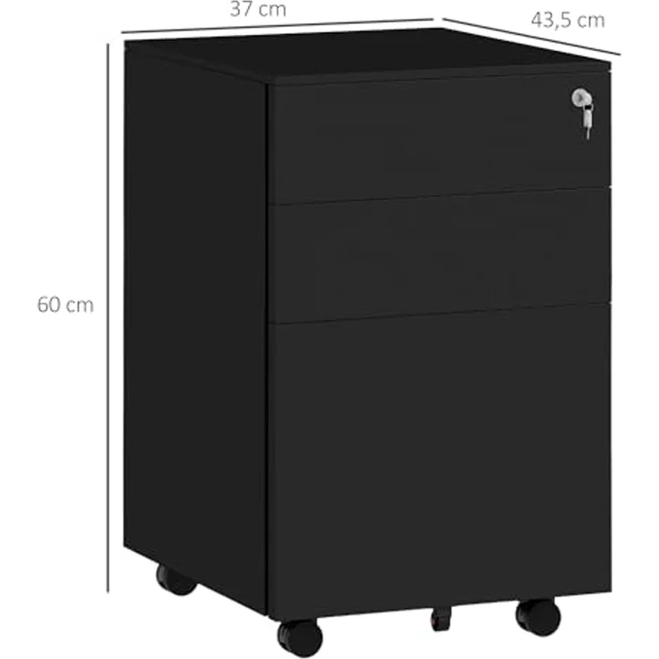 Vinsetto Rollcontainer Aktenschrank mit 3 Schubladen, Bürocontainer abschließbar, (Büroschrank, 1 St, Standcontainer), für A4-Format, Stahl, Schwarz, 37 x 43,5 x 60 cm – Bild 3