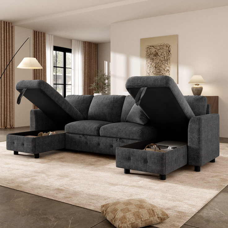 Merax U-Form Chenille Sofa mit Schlaffunktion, Schlafsofa mit 2 Stauraum-Chaiselongues, ausziehbares Schlafsofa mit 1× USB & 1× Type-C Ladeanschluss, mit 2 Kissen, Grau, 260×128×82 cm – Bild 5