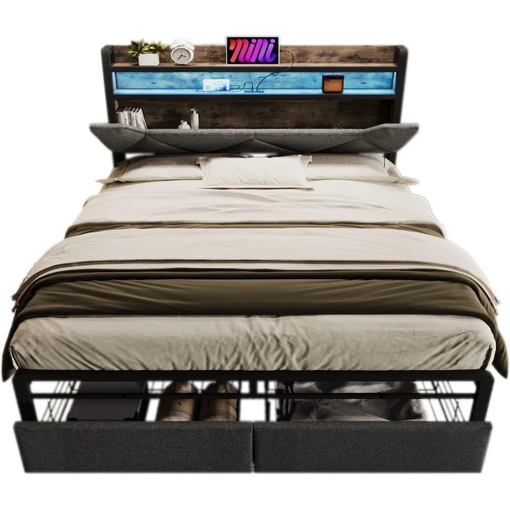 EINHOM Polsterbett mit USB Typ C Ladefunktion Stauraum-Kopfteil und LED-Beleuchtung und Schubladen, Doppelbett 140x200 Cmstauraumbetten Bettgestell mit Lattenrost aus Metallrahmen, Grau, (Ohne Matratze) – Bild 5