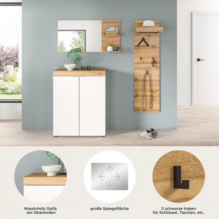 OTTO home Garderoben-Set MAMBO II, 3-teilig, hängend oder stehend montierbar, (3-St, bestehend aus: Schuhschrank, Spiegel & Garderobenpaneel), Garderoben-Kombi, Garderobe, Flur, Diele – Bild 3