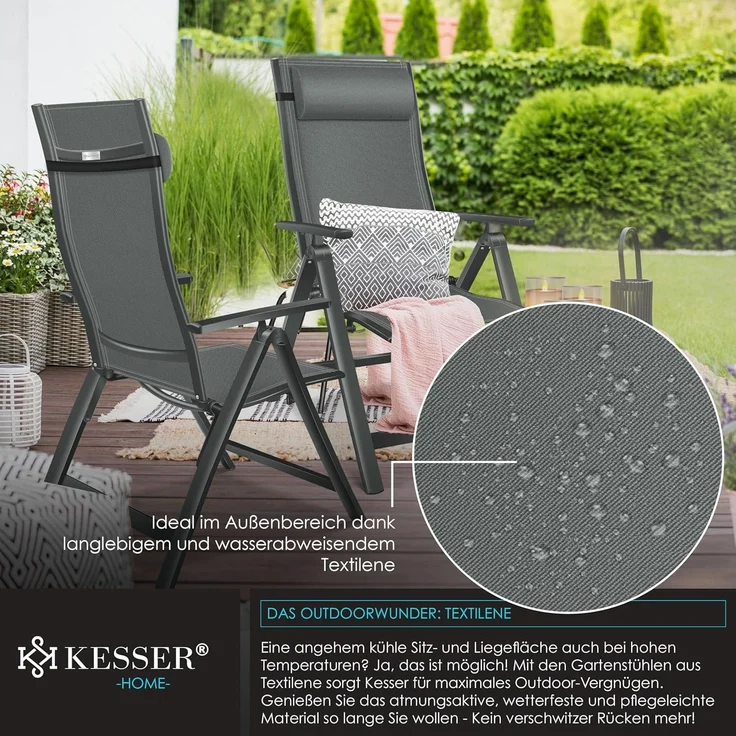 KESSER® Gartenstuhl Hochlehner mit Armlehnen | Aluminium Klappstuhl inkl. Kopfkissen Campingstuhl 7-Fach Verstellbar Rückenlehne | Atmungsaktiv & Wetterfest | Klappbar & Anti-Rutsch Anthrazit, 1 Stück – Bild 6