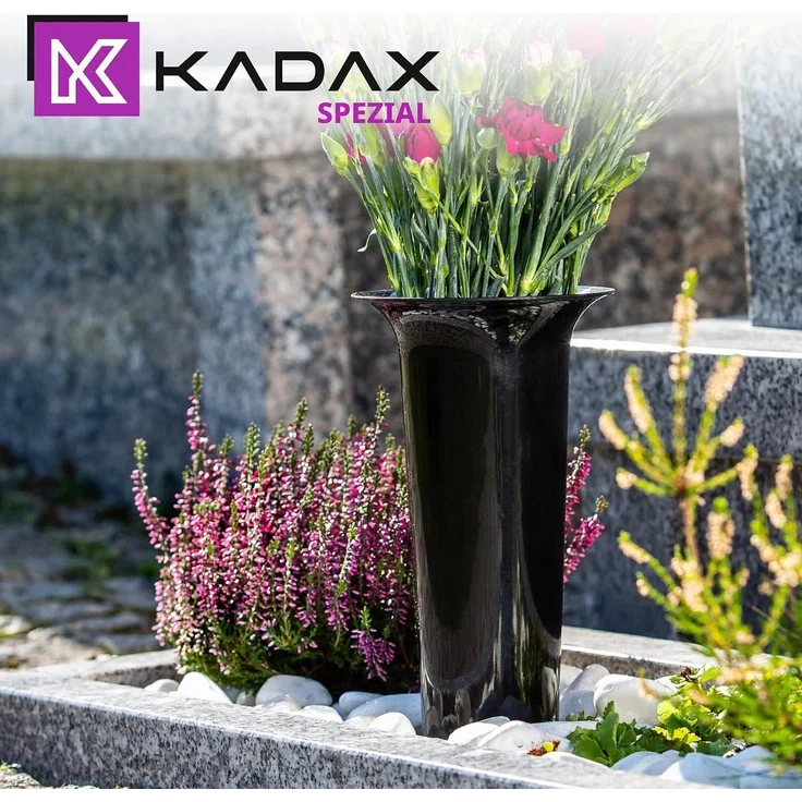 KADAX Vasenfläschchen für Friedhof, 23 cm, künstliche Blumen, getriebene Spitze, schwarzer Grabstein – Bild 8