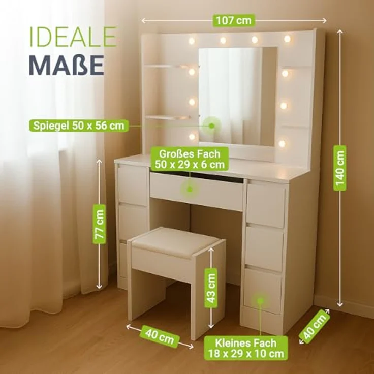 Juskys Schminktisch Malia und Hocker Melly mit LED-Beleuchtung & Spiegel, 7 Schubladen, stufenlos dimmbar, 3 Farbtemperaturen, Stauraum, elegantes Design – Weiß – Bild 6