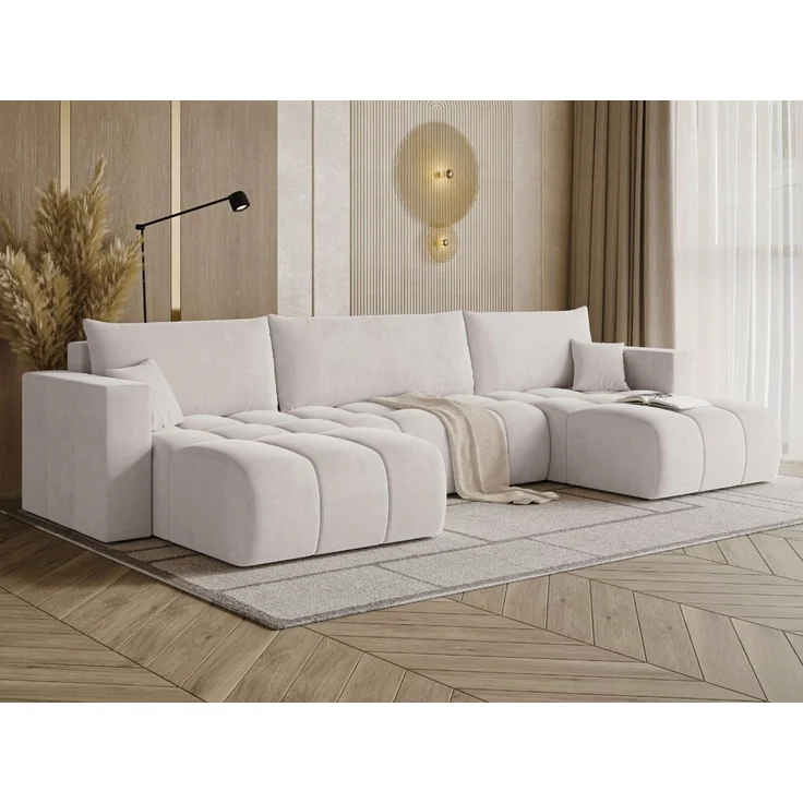 GRAINGOLD Ecksofa U-Form Neva U, Ecksofa mit Schlaffunktion, Bettkasten, mit losen Kissen, Velour-Stoff, Grau – Bild 3