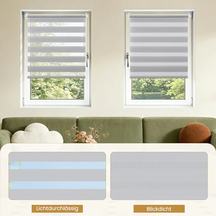 Grandekor Doppelrollo Klemmfix ohne Bohren 45x100cm Stoffbreite 45cm Hellgrau Fenster Rollos für innen Klemmrollos Duo Rollos für Fenster ohne Bohren mit Bohren Privatschutz UV-Schutz Zebrarollo – Bild 4