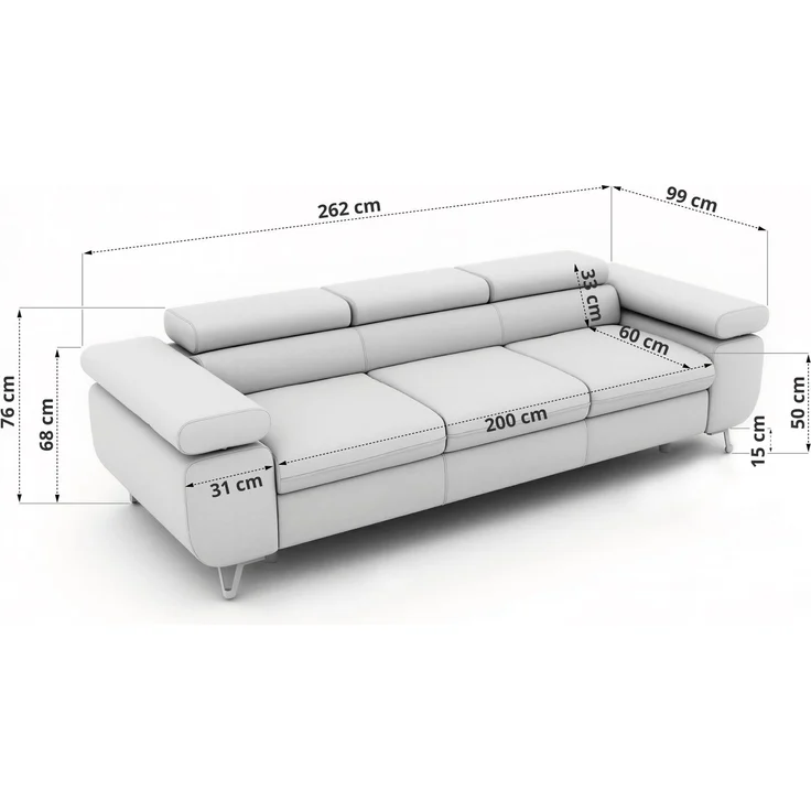 3-Sitzer Polstersofa PETER, verstellbaren Armlehnen und Kopfstütze, breite 262 cm, Gepolsterte Couch, Wellenfeder - Beige Struktur – Bild 7