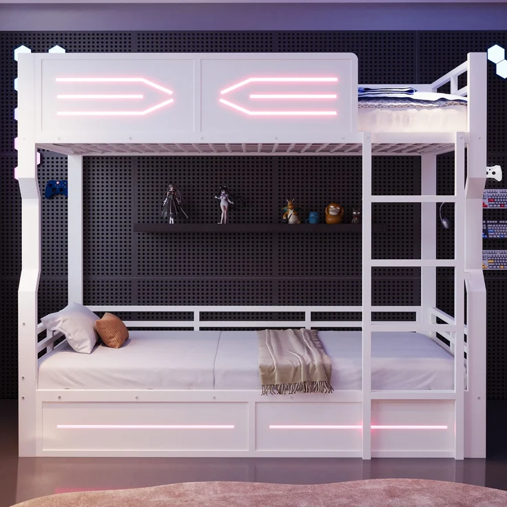 ZUBALIYA Etagenbett 90 × 200 cm, Metall, LED-Beleuchtung, Weiß – Bild 2