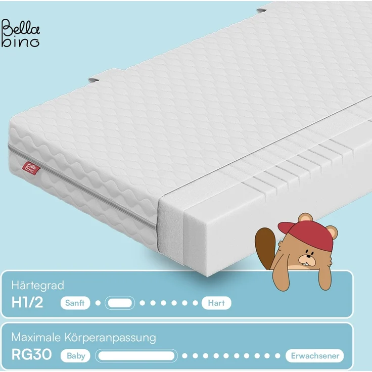 Bellabino 'Twist' Baby- und Kindermatratze 80x160 cm, Höhe 15 cm, Härtegrad H1/H2, wendbare 7-Zonen Kaltschaummatratze, abnehmbarer Bezug, Matratze für Kinder ab Geburt bis 13 Jahren – Bild 2