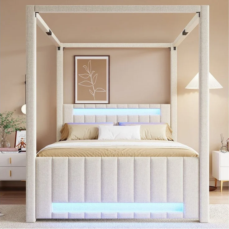 Odikalo Polsterbett 140x200 Himmelbett mit Ausziehbett LED & Schubladen (mit Ausziehbett und drei Schubladen, LED-Beleuchtung) – Bild 2