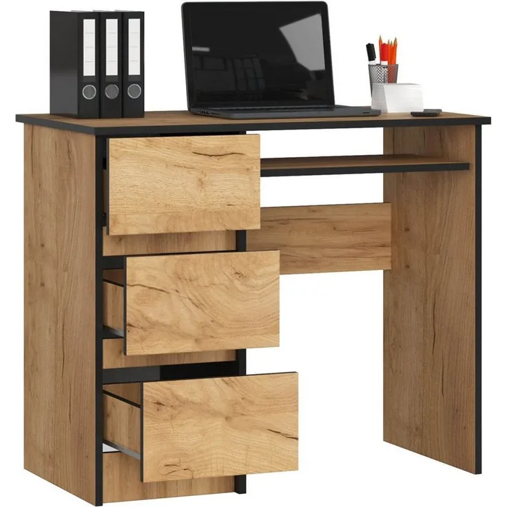 Raumhirsch Furniture Schreibtisch mit Tastaturauszug - zwei Tischvarianten - 90 cm breit, mit 3 Schubkästen - Kasten linke Variante