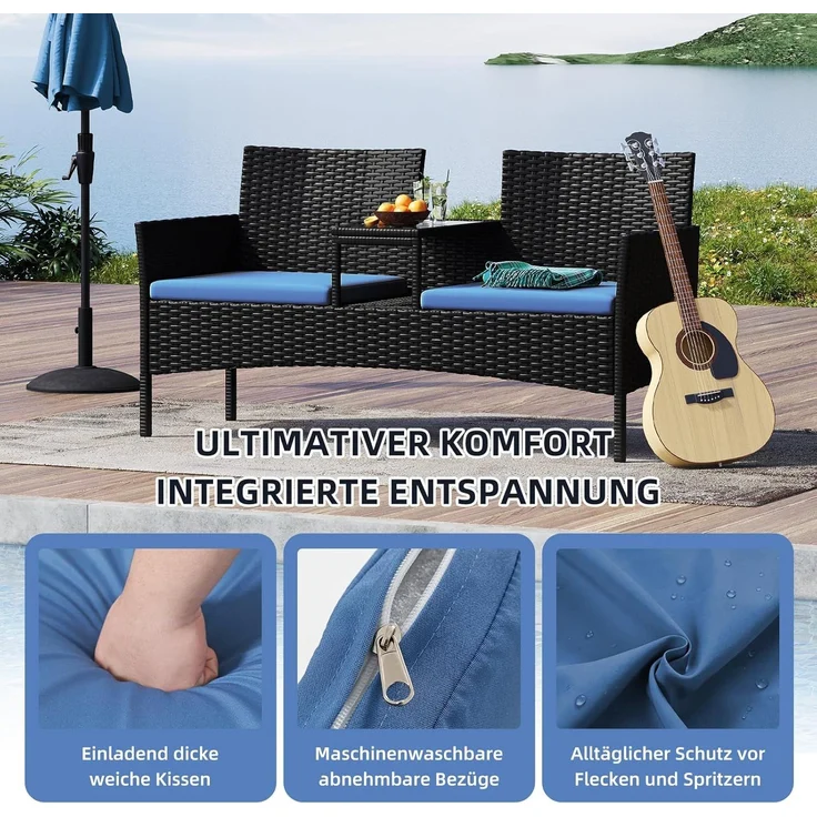 Aoxun 2-Sitzer-Gartenbank aus Rattan, extrabreite Outdoor-Zweisitzerbank mit seitlichem Ablagetisch 144x62x80cm, bequemes Terrassenmöbel-Set mit Kissen und Regenschutz für Garten, Balkon, Marineblau – Bild 4