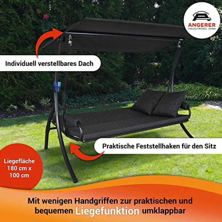Angerer Freizeitmöbel Hollywoodschaukel 'Elegance Joy', 3-Sitzer grau mit Bettfunktion, waschbaren Bezügen und wetterfestem Sonnendach, Made in Germany, 210 x 145 x 160 cm – Bild 3