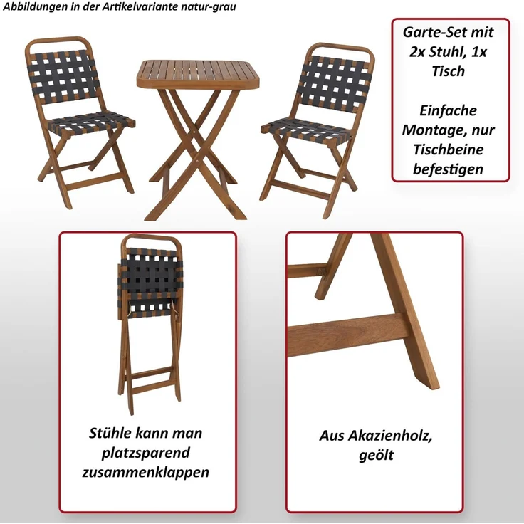 Garten-Set HWC-P70, Sitzgruppe Balkon-Set Garnitur 2x Stuhl Tisch, Seilgeflecht Akazie Holz klappbar ~ natur, grau – Bild 2