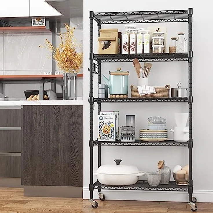 Himimi 5-Draht-Regal mit Rollen, Metall-Aufbewahrungsregal, höhenverstellbar, stehendes Aufbewahrungsregal für Waschküche, Badezimmer, Küche, Speisekammer, Schrank, 76 x 35 x 158 cm, Schwarz – Bild 9