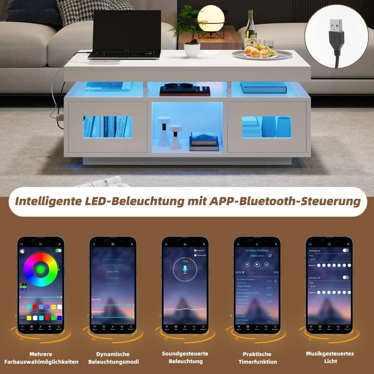100×50×43cm weißer Hochglanz-Couchtisch, mit per mobiler App steuerbaren LED-Leuchten, Wohnzimmertisch mit Schrank, Sofatisch mit Ladeanschluss und steckdose , geeignet für Büro, Arbeitszimmer – Bild 7