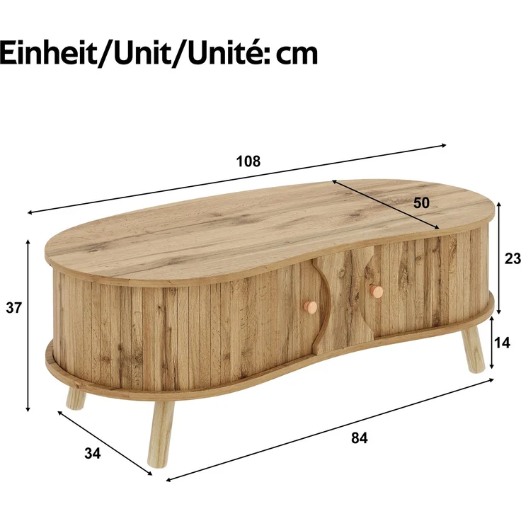 Couchtisch B 108 x T 50 x H 37 cm, mit 2 Schiebetüren, MDF in Holzoptik, Massivholzbeine – Bild 5