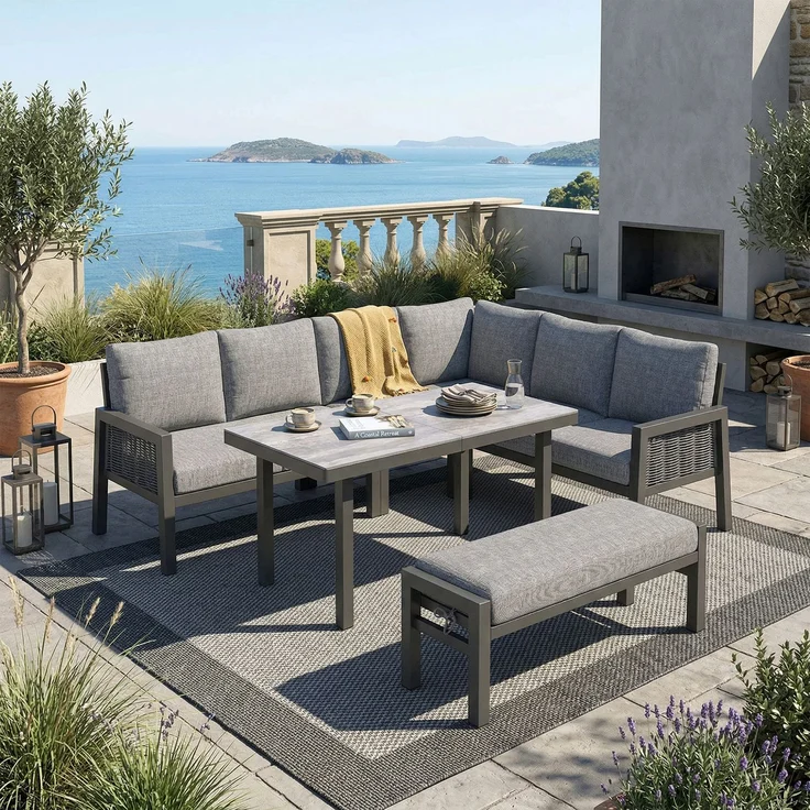 Merax Gartenlounge-Set, Gartenmöbel-Set 7 Sitzer, Gartensofa Eckstellung, mit Esstische, Bänke und Sofas, grau – Bild 1