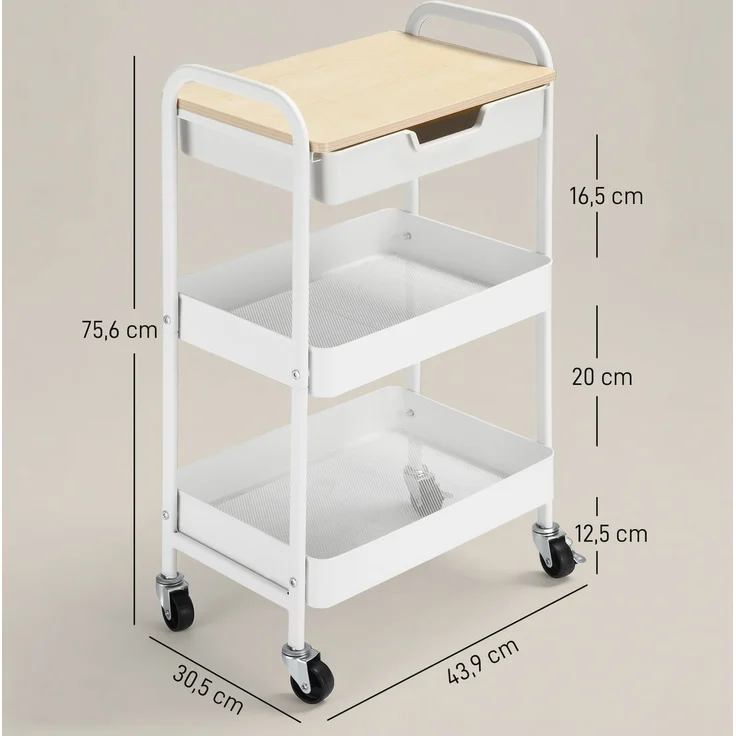 Rollbarer Küchenwagen, 2 Regale, Schublade, Ablage, 4 Rollen, Griffe, Stahl, Weiß--Weiß--43.9x30.5x75.6cm--YOUDENOVA – Bild 5