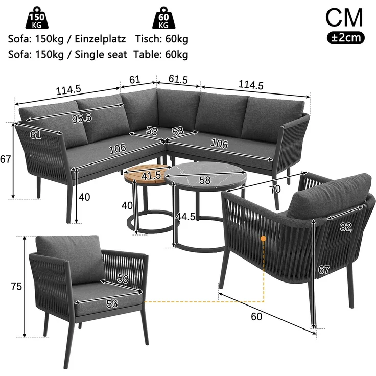 Merax Gartenlounge-Set für 5-6 Personen, 6-Sitzer Gartenmöbel-Set Sitzgruppe mit 2 stapelbaren Couchtische, grau – Bild 4