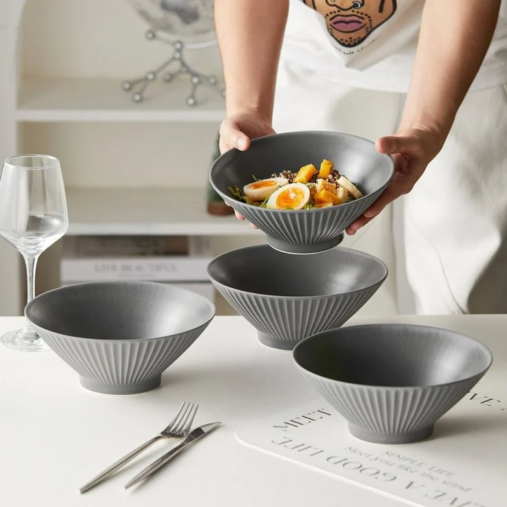 JIWOO Schüssel 4er Ø20cm, Japanische Ramenschüssel Suppenschüssel bowl Pastaschüssel, Keramik, (Set, 16-tlg), Hochwertiges Schüsseln Schwarz Schüssel Mikrowellenofen Spülmaschine – Bild 3