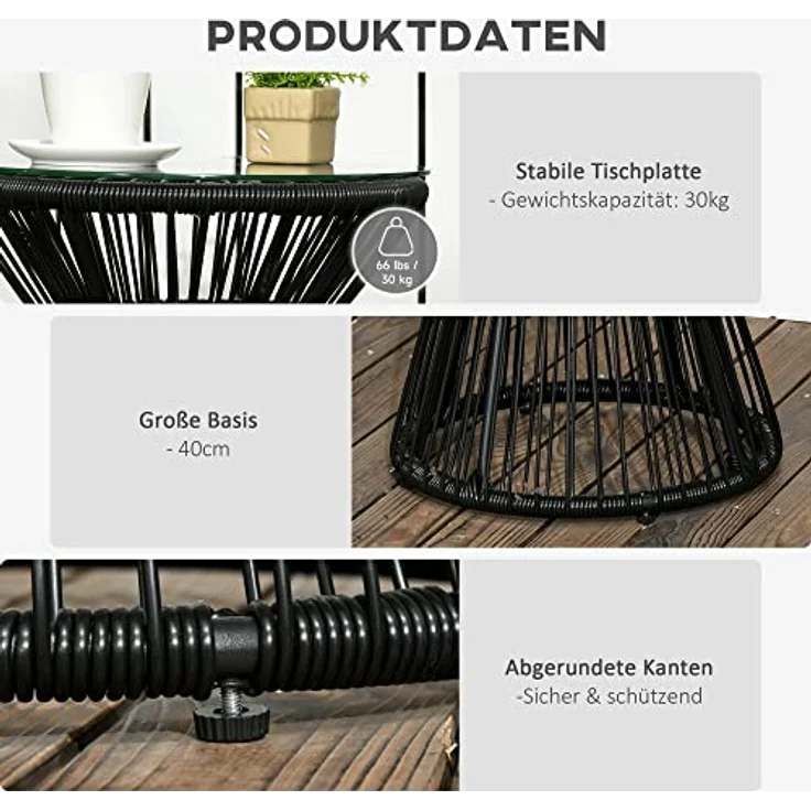 Outsunny Beistelltisch Runder Ratten Kaffeetisch, Bistrotisch mit Glastischplatte (Gartentisch, 1-St, Couchtisch), für Terrasse, Balkon, Metall, Schwarz – Bild 7